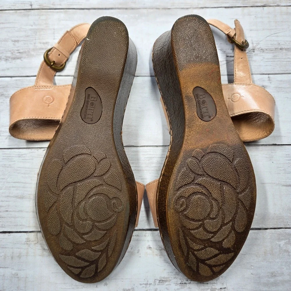 Born D91516 CCK15 Leather Wedge Slingback Sandals Women 12 Tan Nude Boho Comfort